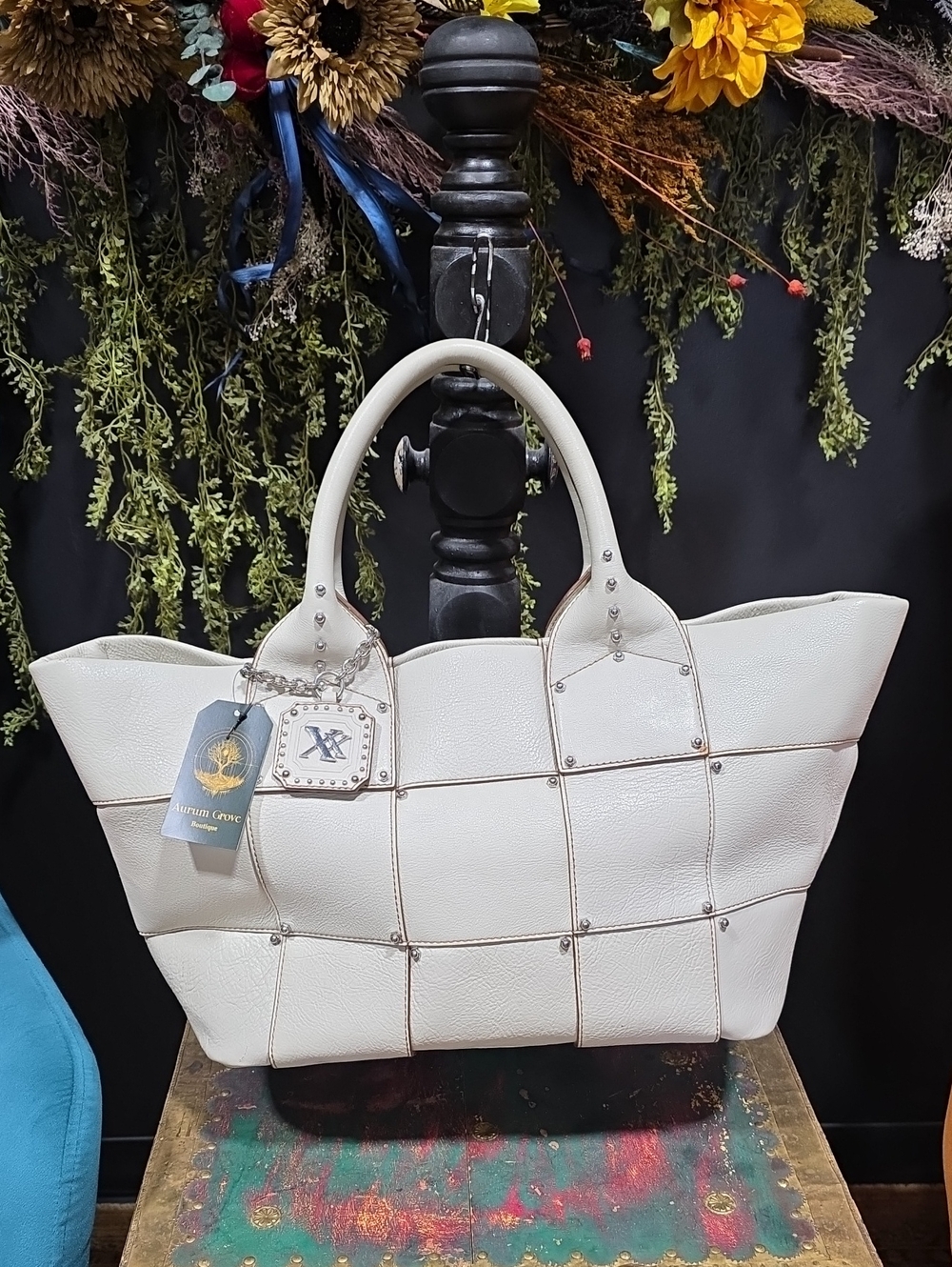 RARE! Maxx New York Cream Quilted-Panel Leather Tote Hand Bag
